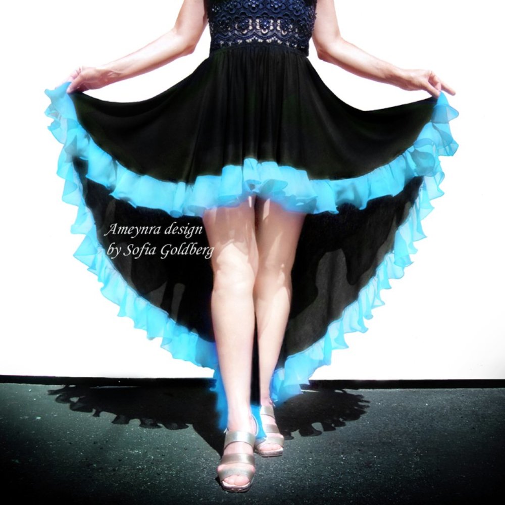 Ameynra high low skirt. Black rayon with light-blue chiffon ruffle